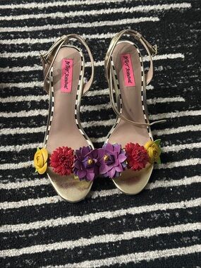 Betsey Johnson Gold Floral Strap Heels with Red, Purple & Yellow Flowers